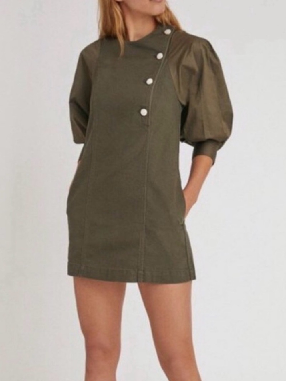 NWT Something Navy Arielle Pearl Button Dress in Olive Women’s 6